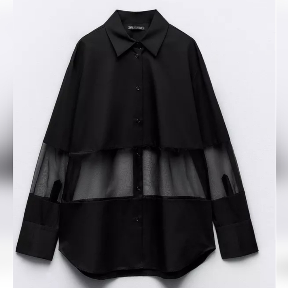 Zara Black Sheer Panel Button Down Shirt